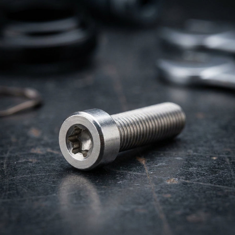 Silberne SRAM Schaltwerkbefestigungsschraube mit T25 Torx-Kopf für XX1, X01, X1 auf dunkler Oberfläche.