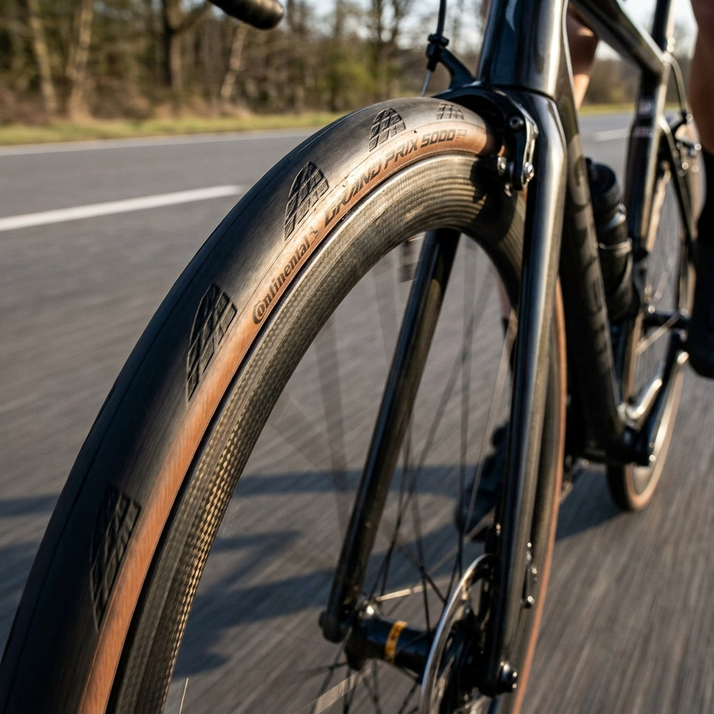 Continental Grand Prix 5000 Rennradreifen schwarz-braun faltbar auf Carbonfelge in Bewegung auf Straße.