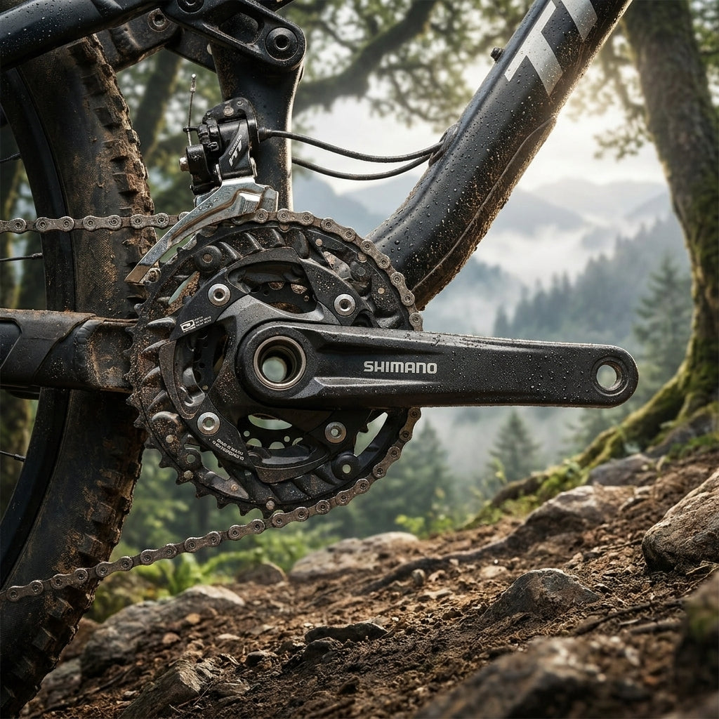 Shimano MT500 3-fach Kurbelgarnitur 40/30/22 Zähne 175mm schwarz am MTB auf schlammigem Trail.