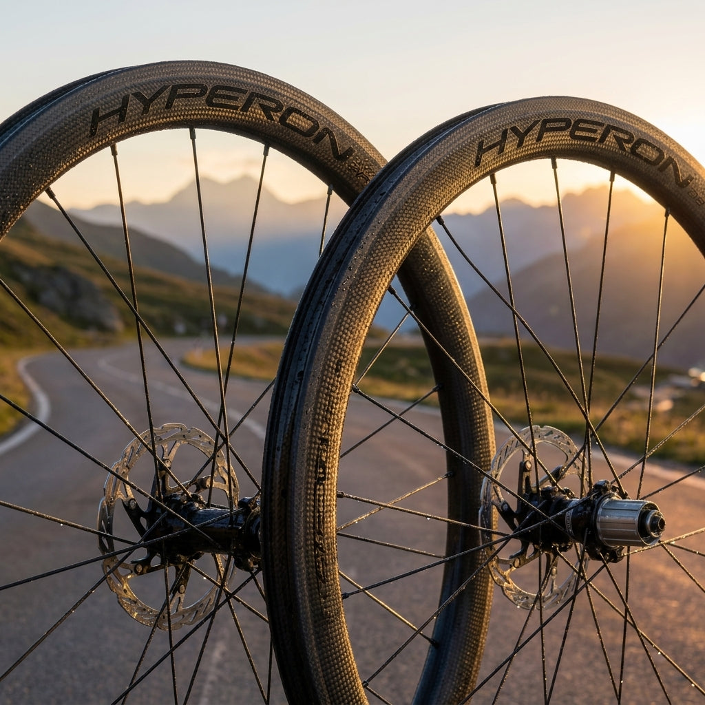 Campagnolo Hyperon Carbon Laufradsatz 28 Zoll DB Shimano HG vor malerischer Bergkulisse im Sonnenuntergang.