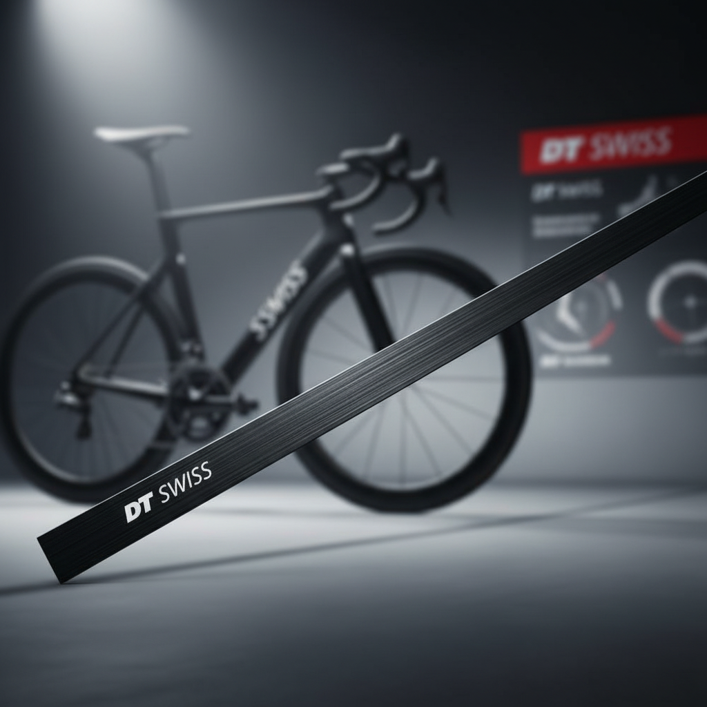 DT SWISS Aerolite Messerspeiche in Schwarz vor einem unscharfen Rennrad und einer Anzeigetafel.
