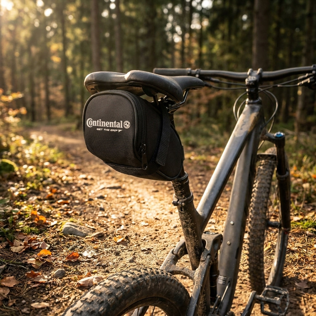 Continental MTB Satteltasche am Mountainbike auf herbstlichem Waldweg, ideal für Ersatzschlauch und Reifenheber.