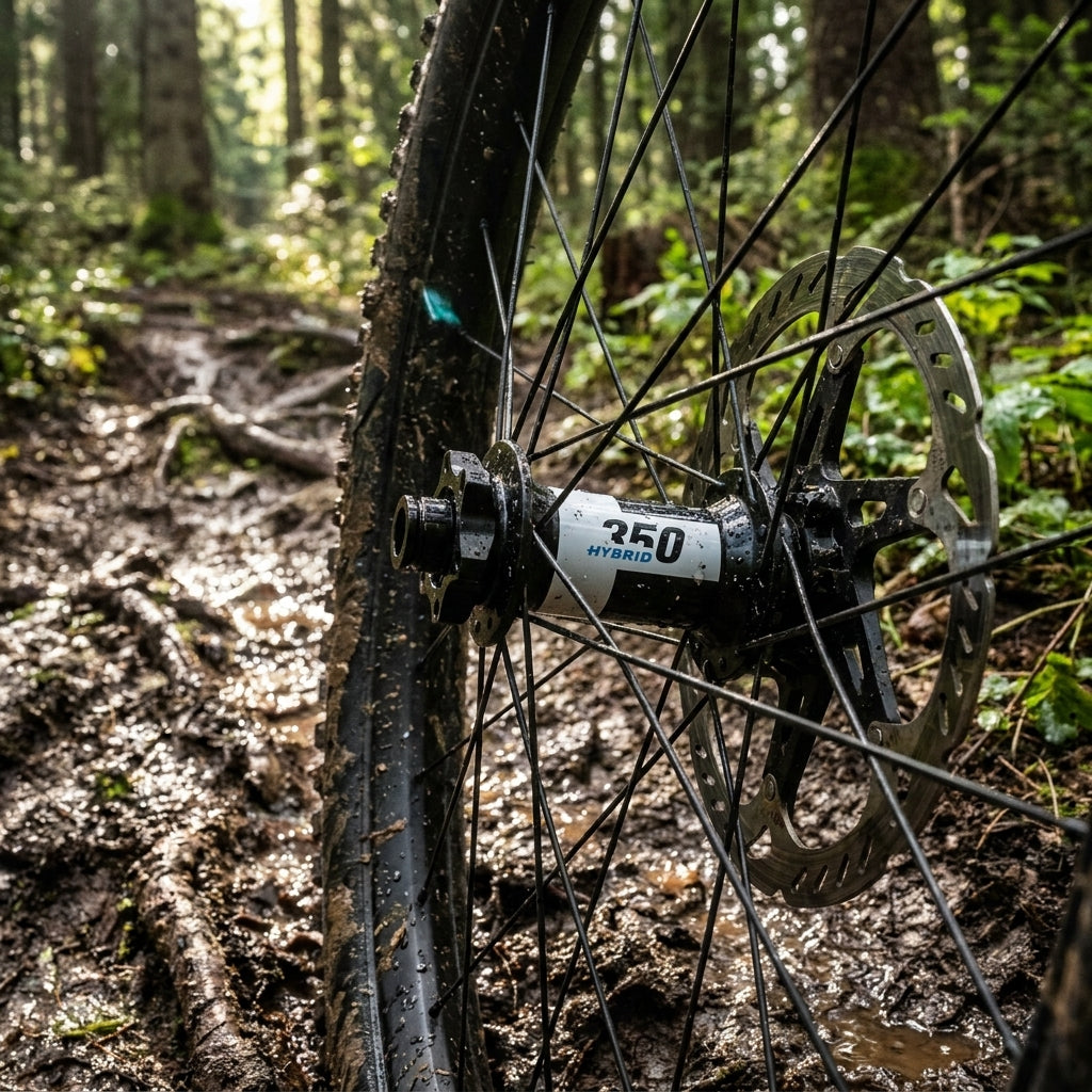 DT Swiss MTB Hybrid VR 350 Vorderradnabe schwarz auf schlammigem Waldweg. Robust für E-MTB.