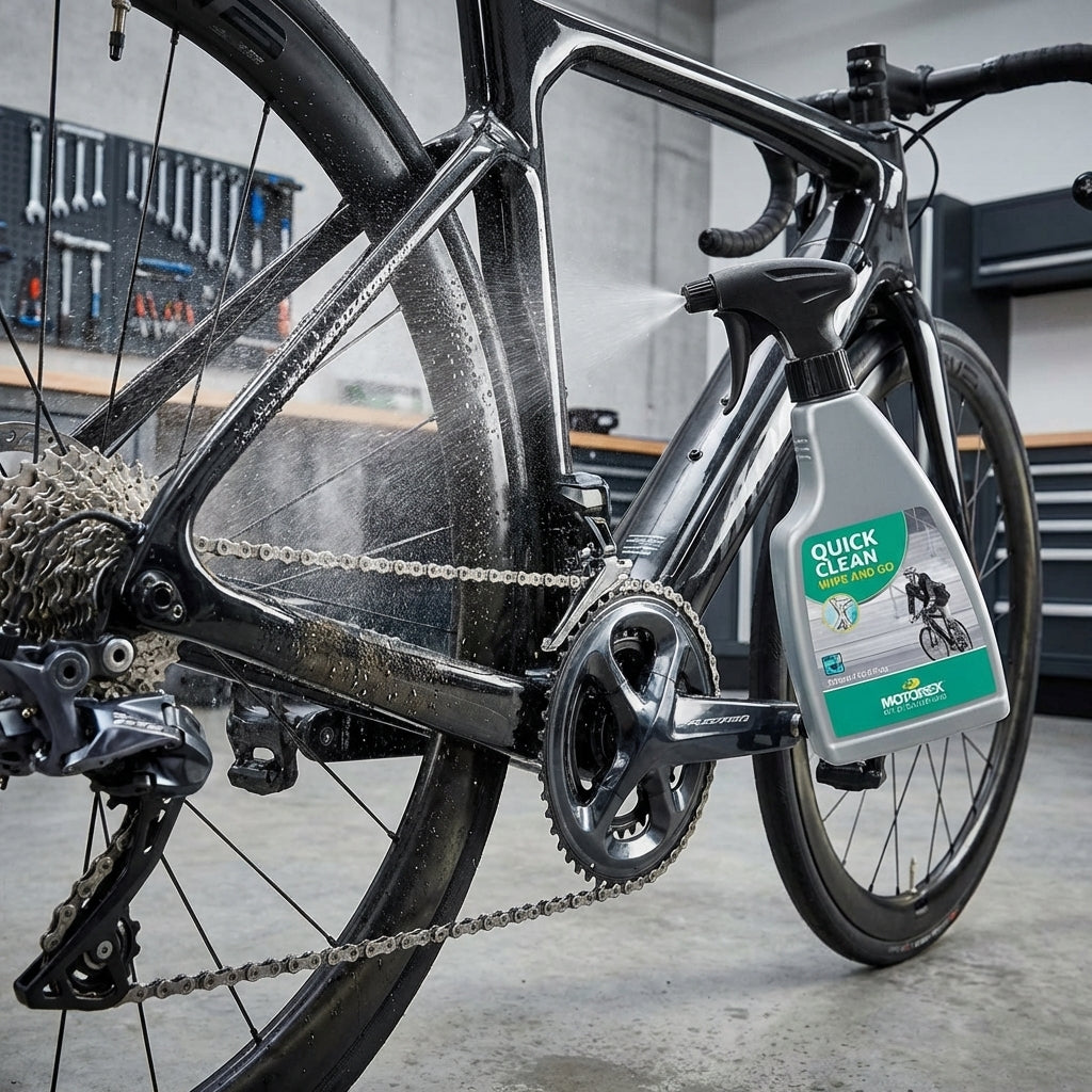 MOTOREX QUICK CLEAN Fahrradreiniger sprüht auf schmutziges Rennrad für schnelle, wasserfreie Reinigung von Kunststoff & Metal