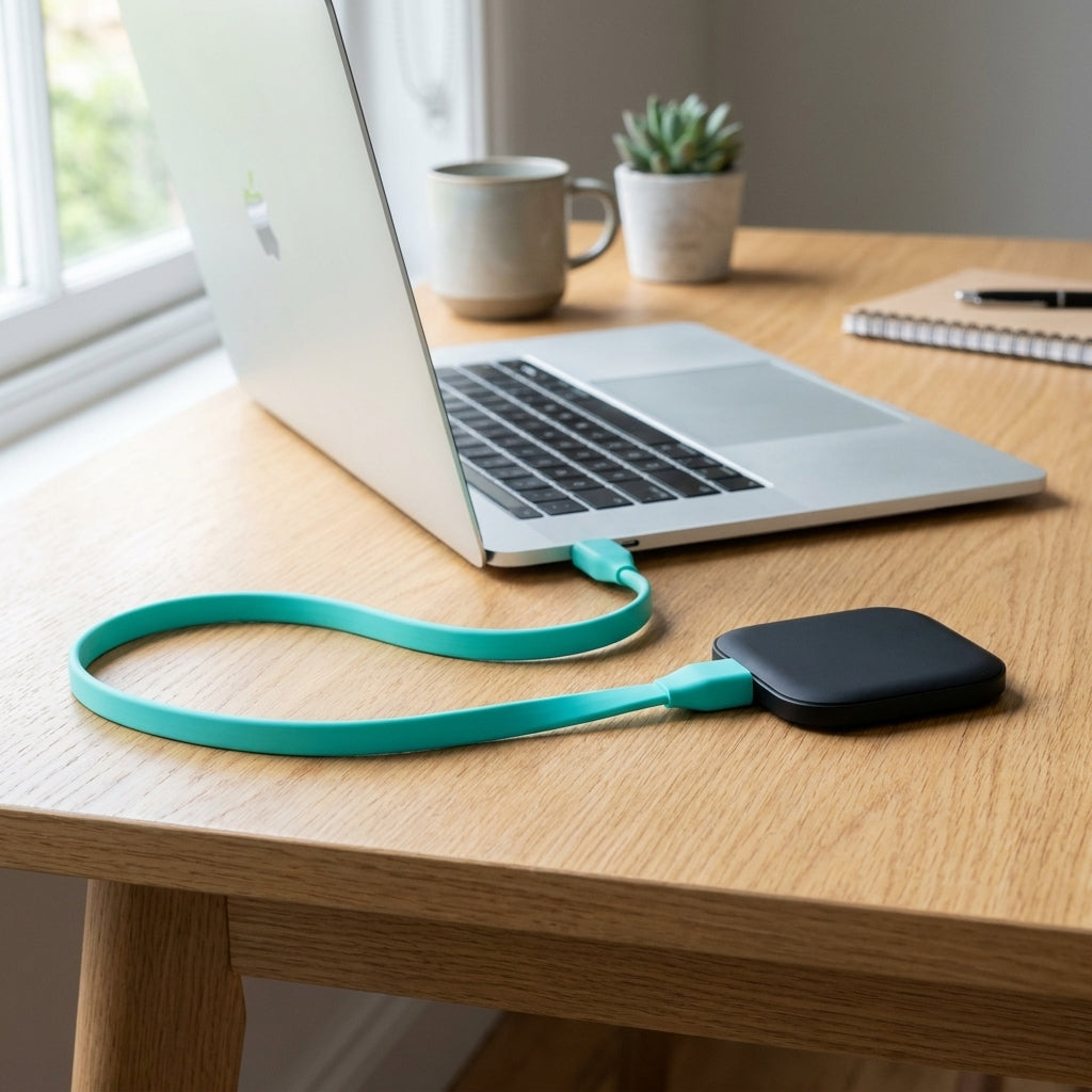 Knog USB Verlängerungskabel Türkis verbindet Laptop mit externem Speicher auf Holztisch.