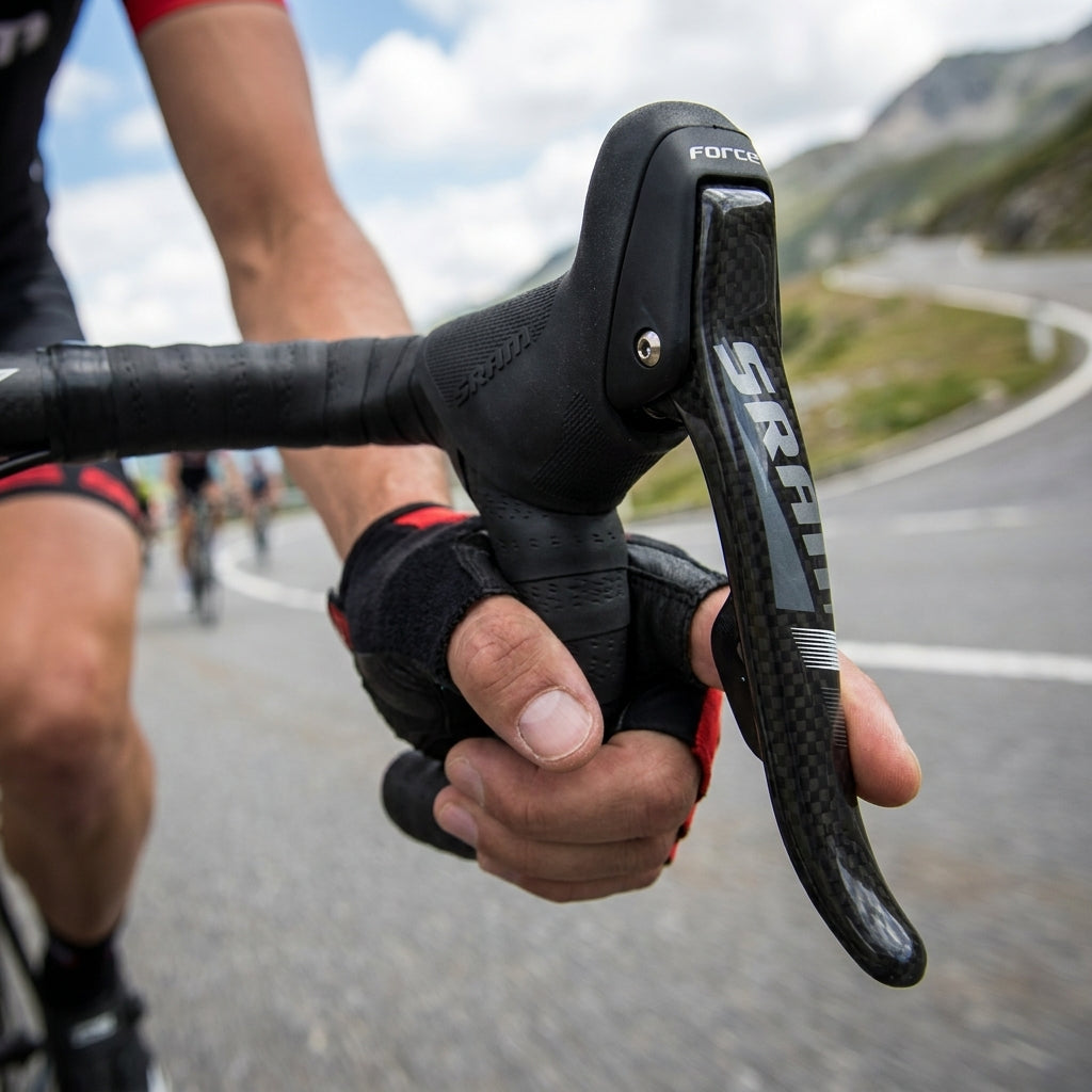 SRAM Force 22 Carbon Rennrad Schalt-/Bremshebel, gehalten von einem Radfahrer auf der Straße.