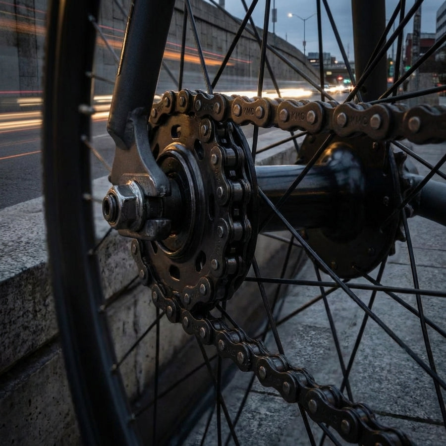 KMC B1 Wide Singlespeed Fahrradkette, schwarz, am Hinterrad eines Fahrrads in der Stadt mit Lichtspuren im Hintergrund
