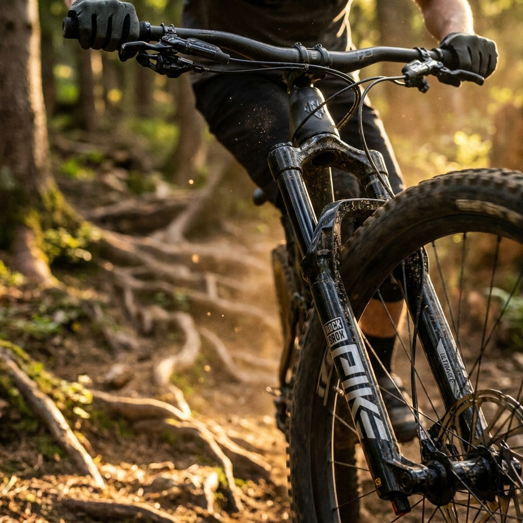 RockShox Pike Ultimate Federgabel am Mountainbike auf wurzeligem Waldweg im Sonnenlicht.