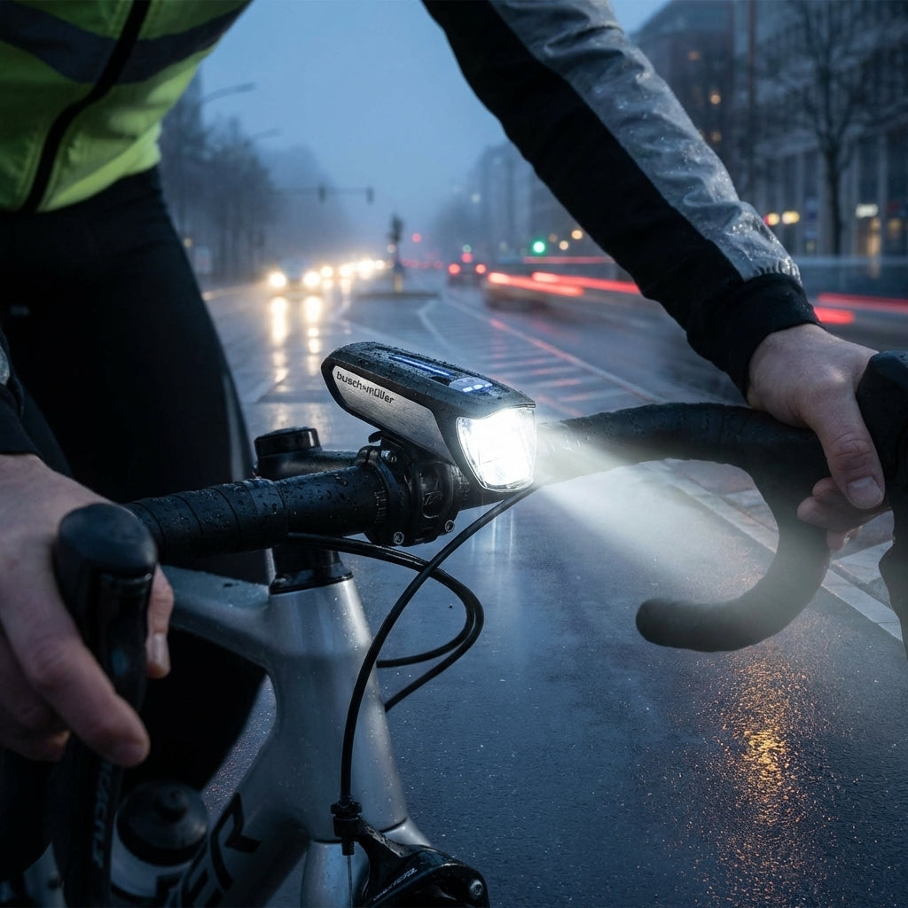 Busch & Müller IXON Core 2L Akku-Scheinwerfer am Fahrrad bei Nacht, leuchtet hell auf nasser Straße.