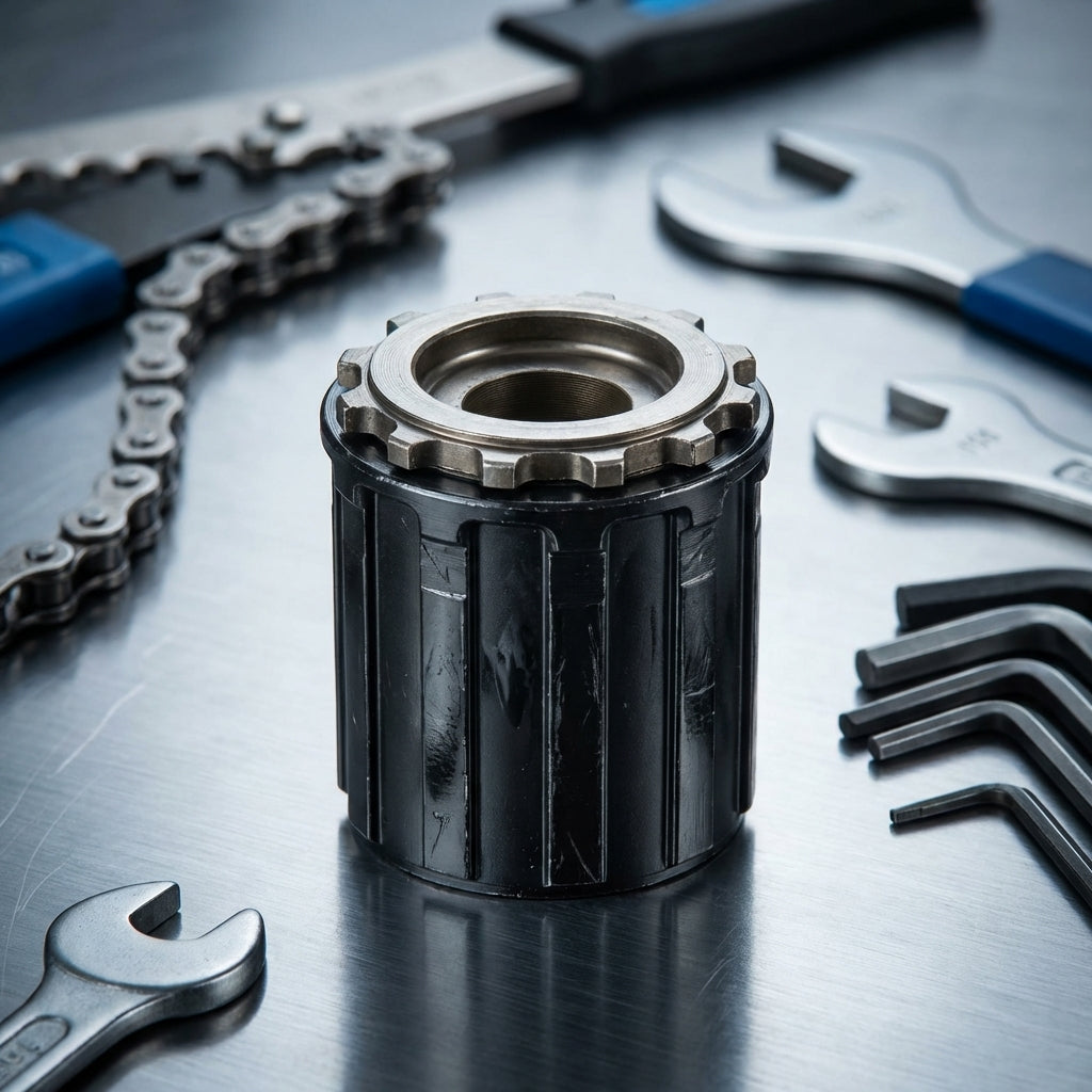 SHIMANO Freilaufkörper FH-RM30 7-fach für Schraubkranz-Naben auf Werkbank mit Fahrradwerkzeug und Maulschlüsseln.