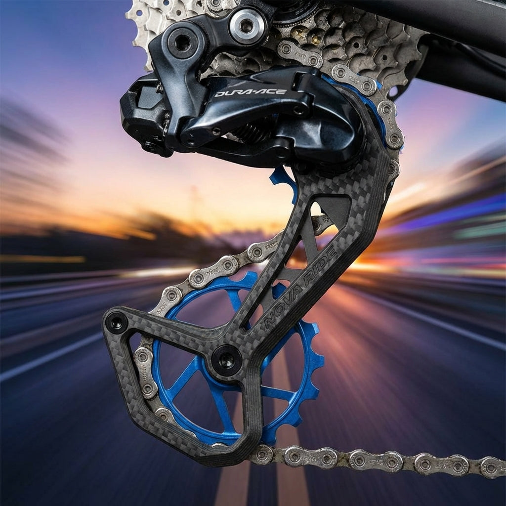 Nova Ride CCD EVO 12s Schaltwerkskäfig blau an Shimano Dura-Ace 12-fach Schaltwerk mit Carbon und blauen Röllchen.