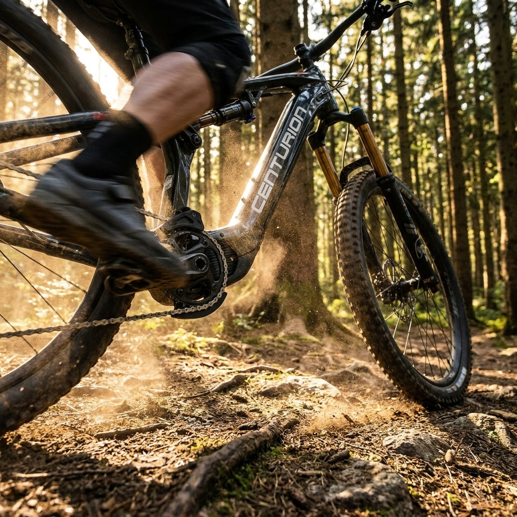 Centurion Trail E-MTB mit Kettenführung für zuverlässige Kettenkontrolle auf Wurzelweg.