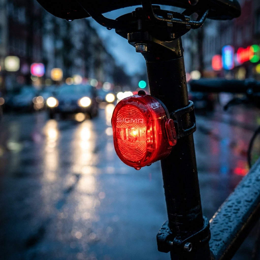 Rotes Sigma Nugget II StVZO Fahrrad-Rücklicht leuchtet bei Nacht im Regen für optimale Sichtbarkeit.