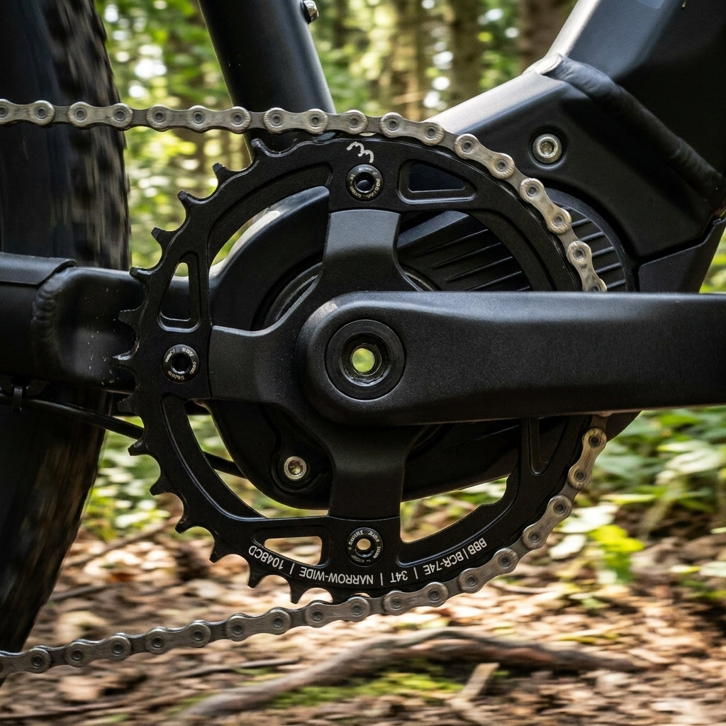 Schwarzes BBB E-Bike Kettenblatt 34T Narrow-Wide mit Kette für leisen, effizienten Antrieb am Fahrrad.