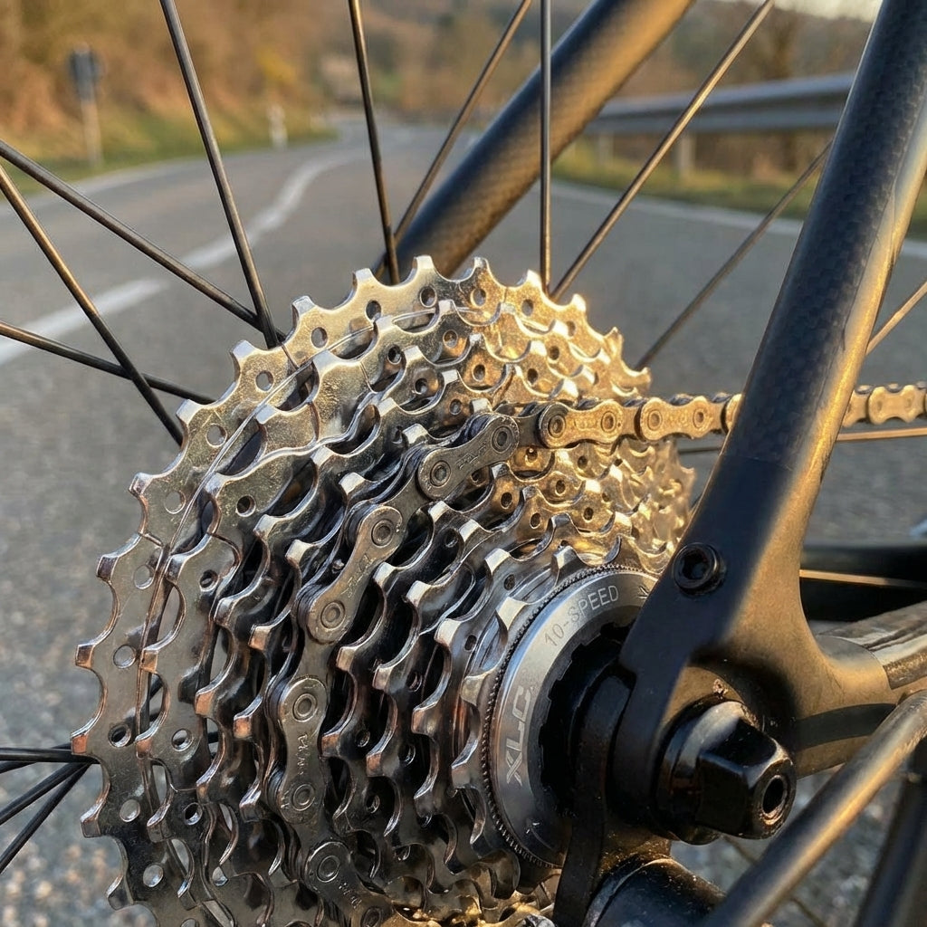 Glänzende XLC 10-fach Zahnkranz-Kassette für Shimano-Schaltungen am Fahrrad-Hinterrad.
