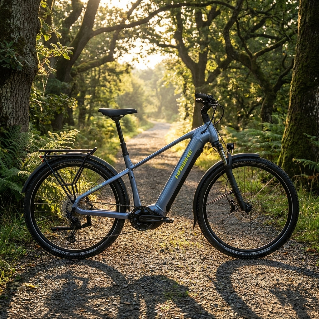 Trekking E-Bike Haibike TREKKING 7.5 HIGH i720Wh 12-G XT 25 in Blau/Gelb auf sonnigem Waldweg.