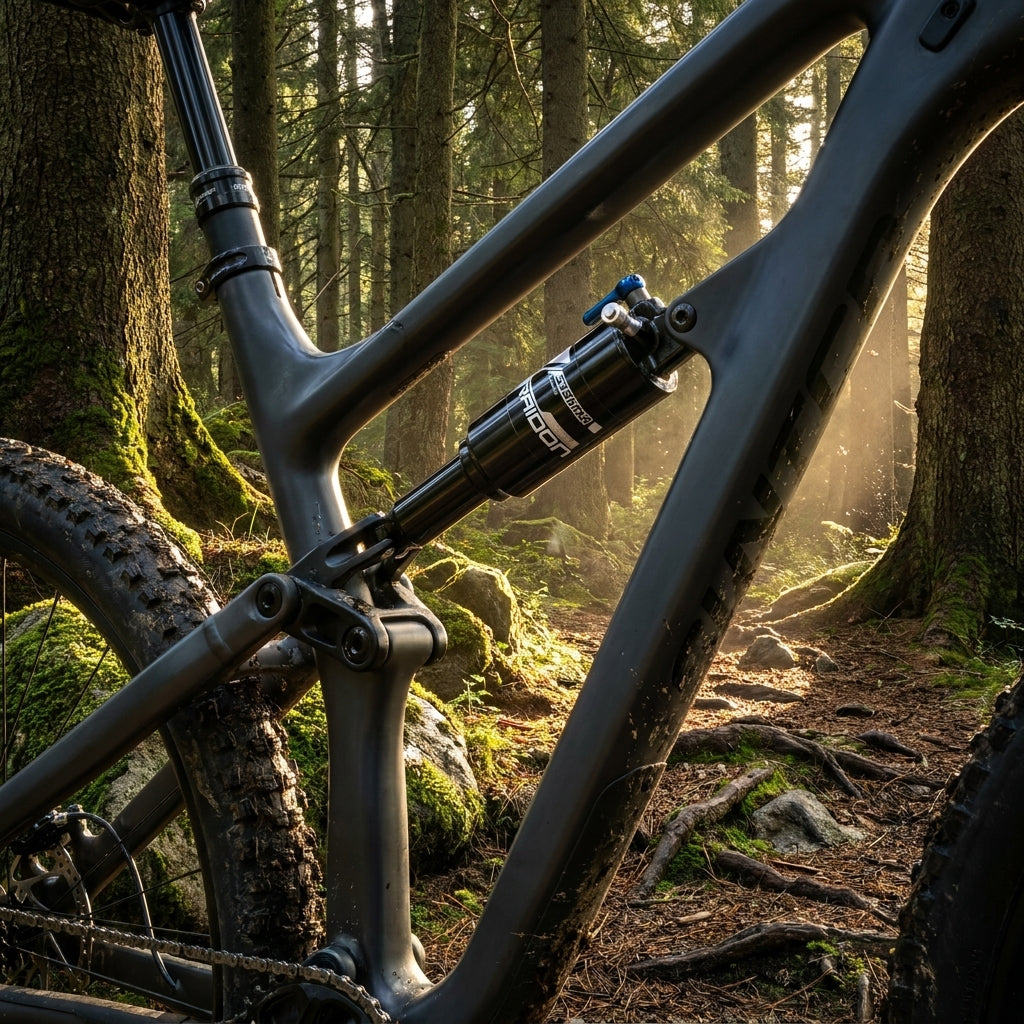 SR Suntour RS17 RAIDON LO Dämpfer 200x57mm am Fully-Mountainbike im sonnigen Nadelwald.