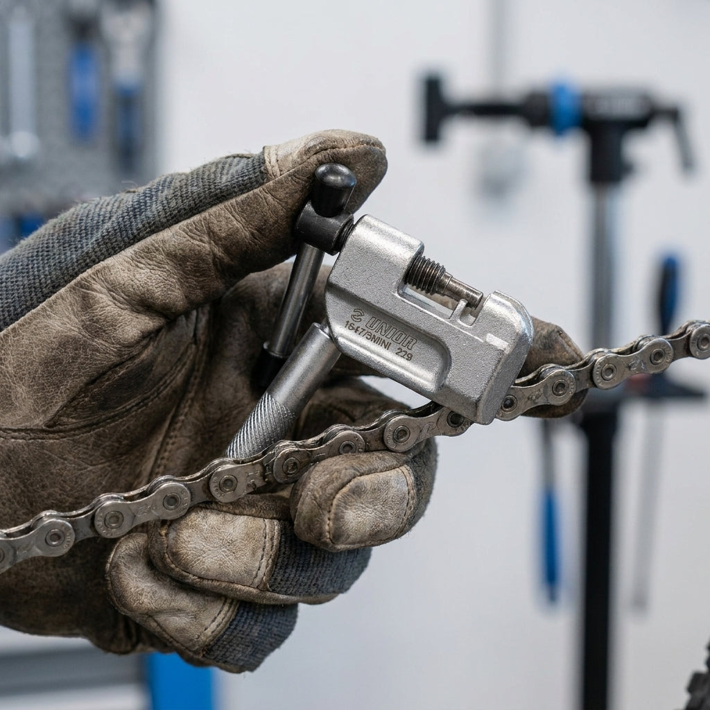 Nahaufnahme: Eine behandschuhte Hand verwendet den Unior Kompakt-Kettennietdrücker 1647-5MINI an einer Fahrradkette.