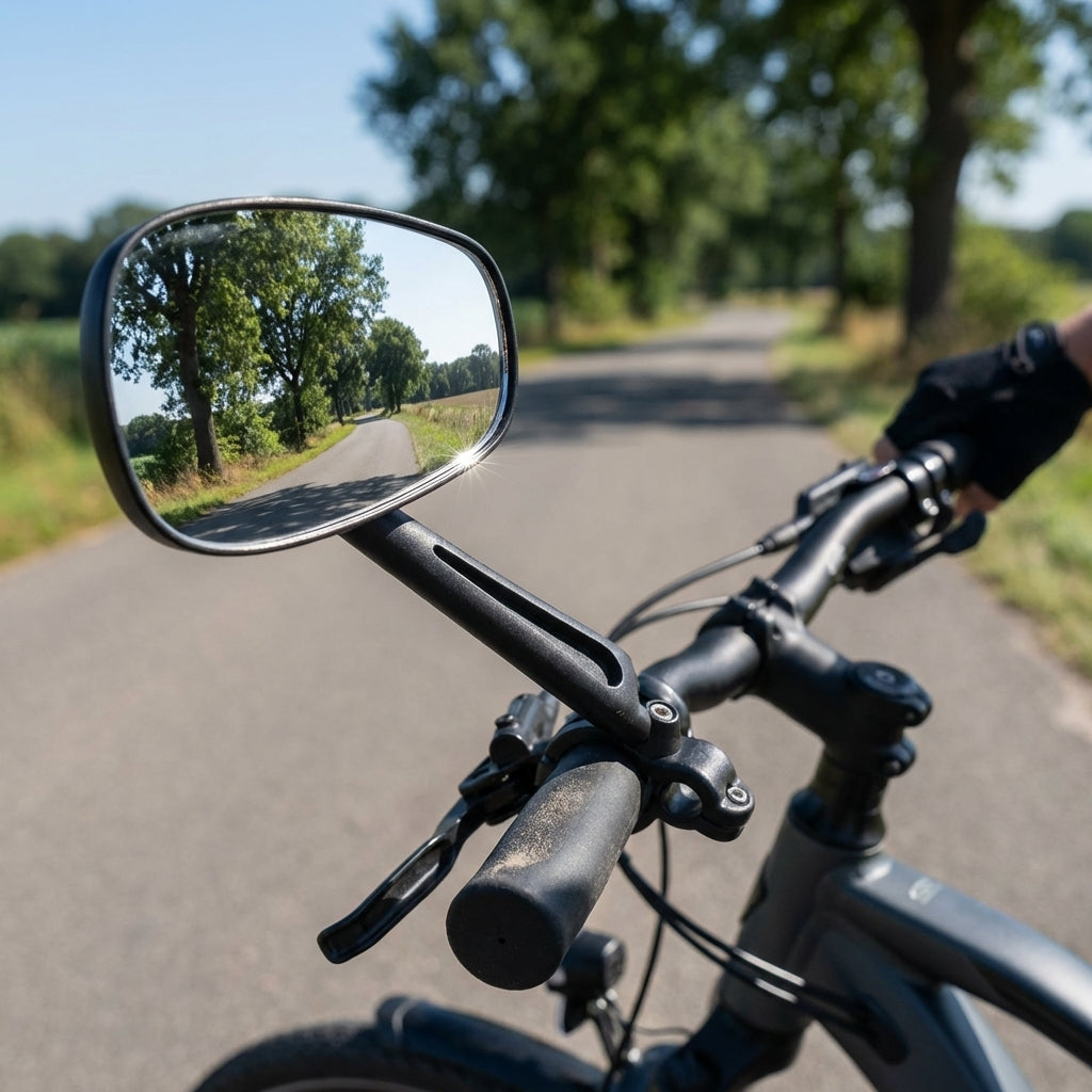 M-Wave Spiegel Spy Base universal 105x70mm schwarz am Fahrradlenker, reflektiert Baumallee auf Landstraße.