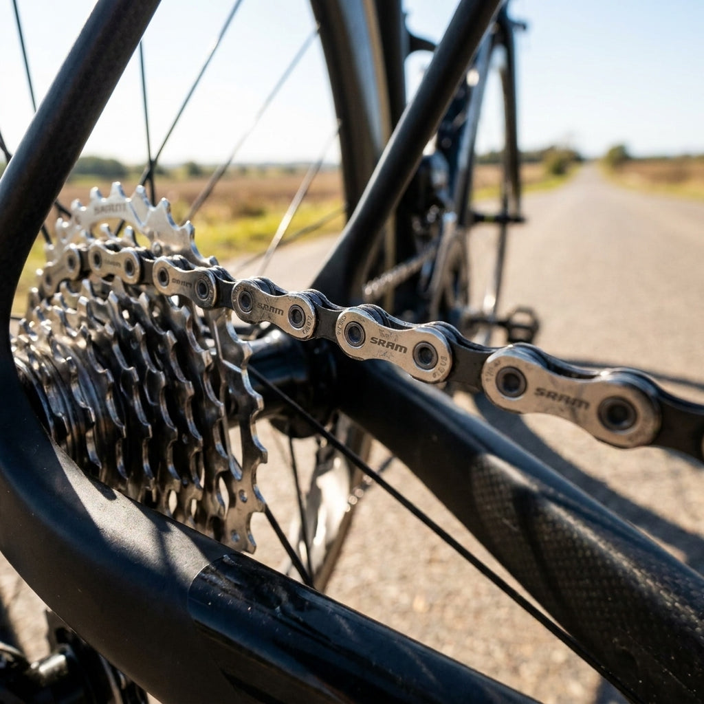 Detailaufnahme der SRAM PC 1130 11-fach Kette mit PowerLock am Rennrad-Kassette auf sonniger Landstraße.