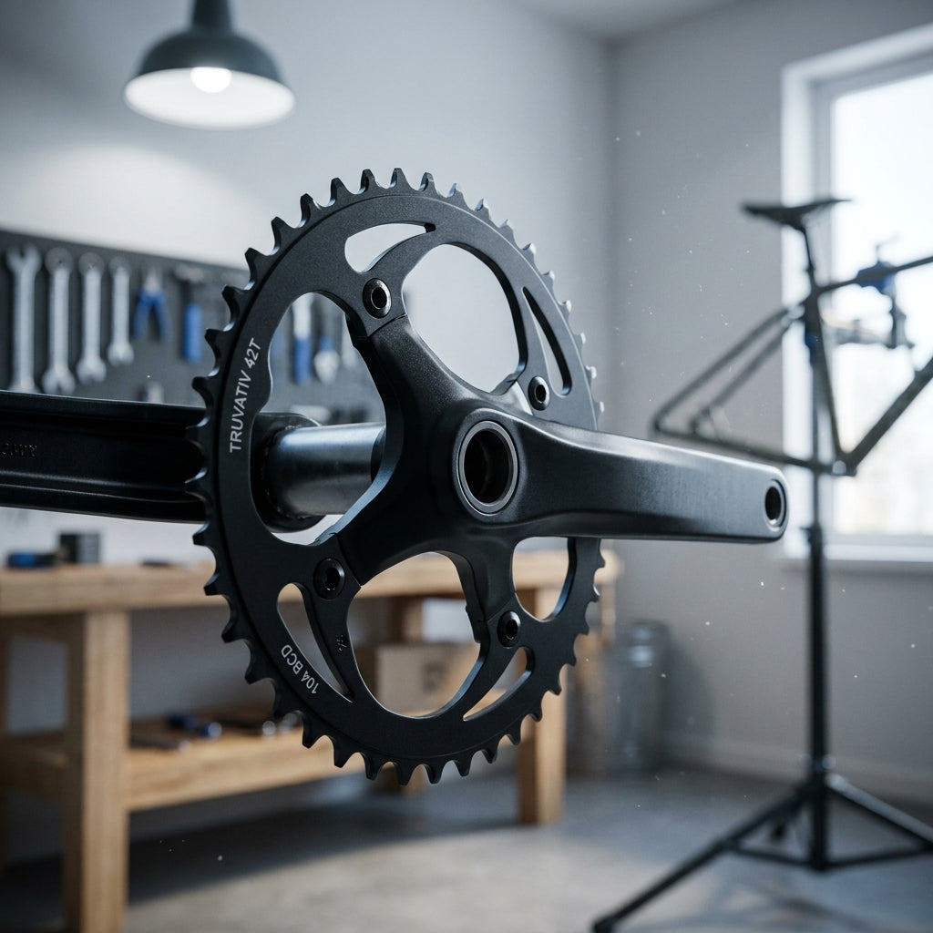 Schwarzes Truvativ 42T Aluminium Singlespeed Kettenblatt mit Kurbelarm in Fahrradwerkstatt.