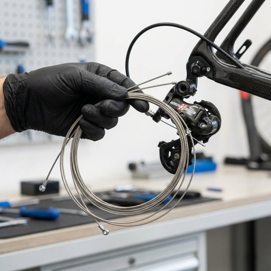 Hand hält Campagnolo Schaltzüge 1,2mm Niro 2000mm neben Rennrad-Schaltwerk. Fahrradreparatur.