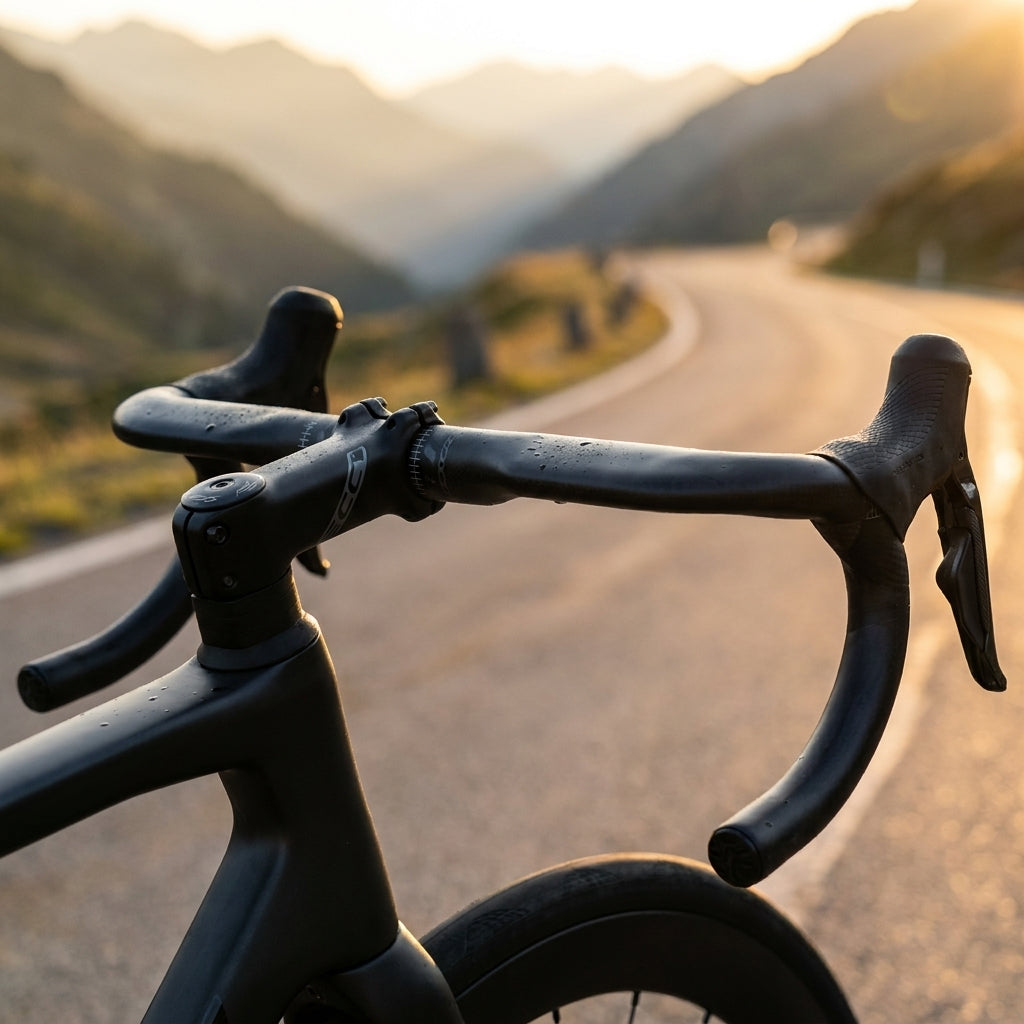 Easton EC70 SL Di2 Carbon-Rennradlenker auf gewundener Bergstraße im goldenen Abendlicht.