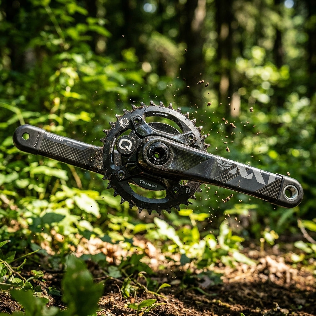 SRAM Quarq XX1 Eagle DUB Boost Carbon MTB Kurbelgarnitur mit Leistungsmesser, spritzt Schlamm.