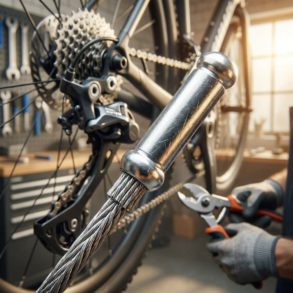 SHIMANO 1,2 mm Schaltzug Endkappe an Fahrradschaltung bei der Montage.