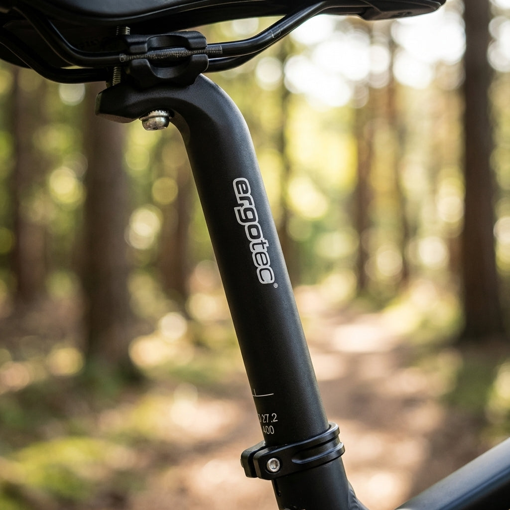 Ergotec Patentsattelstütze Hook Ø 31,6mm, schwarz, am Fahrrad im Wald.