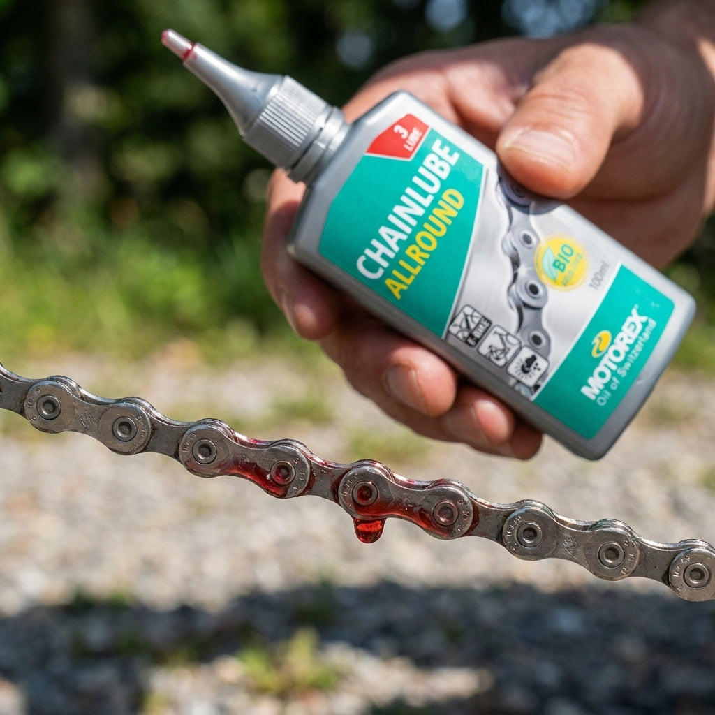 MOTOREX Chainlube Allround Kettenöl wird auf eine Fahrradkette aufgetragen, rotes Öl tropft ab. Langlebige Allwetter-Schmieru