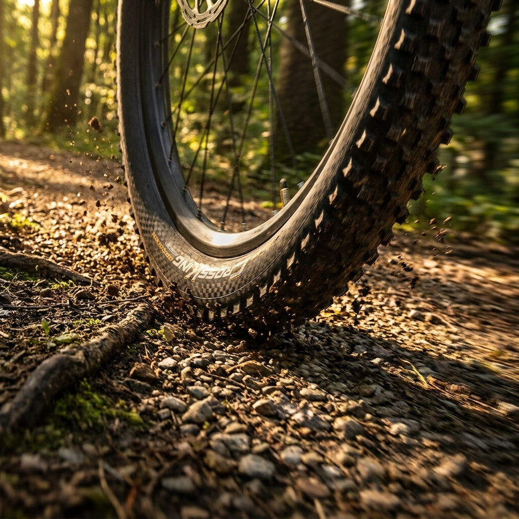 Continental Cross King 2.2 Pro Tec Fahrradreifen 27.5x2.20 in Aktion auf Schotterweg im Wald.