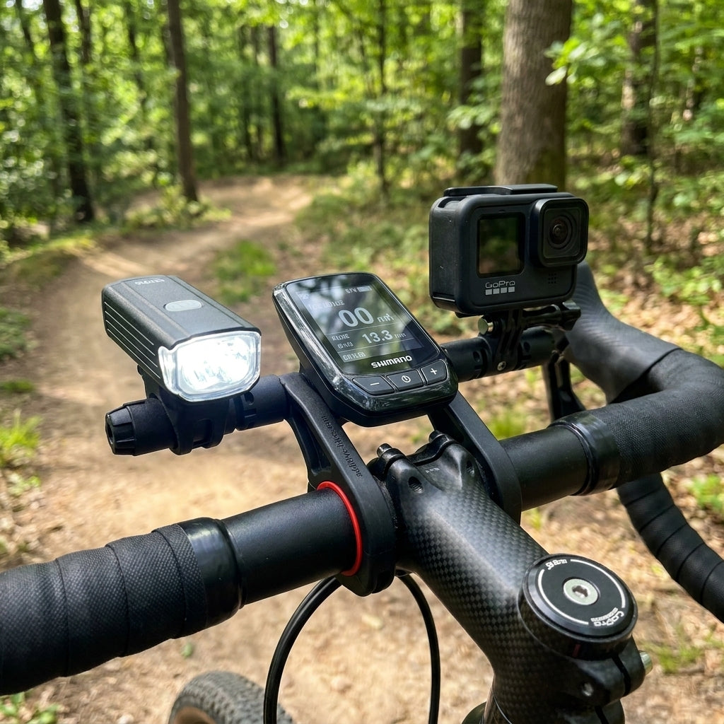 Additive Gerätehalter Spacer Two am Gravelbike-Vorbau mit Fahrradcomputer und Licht auf Waldweg.