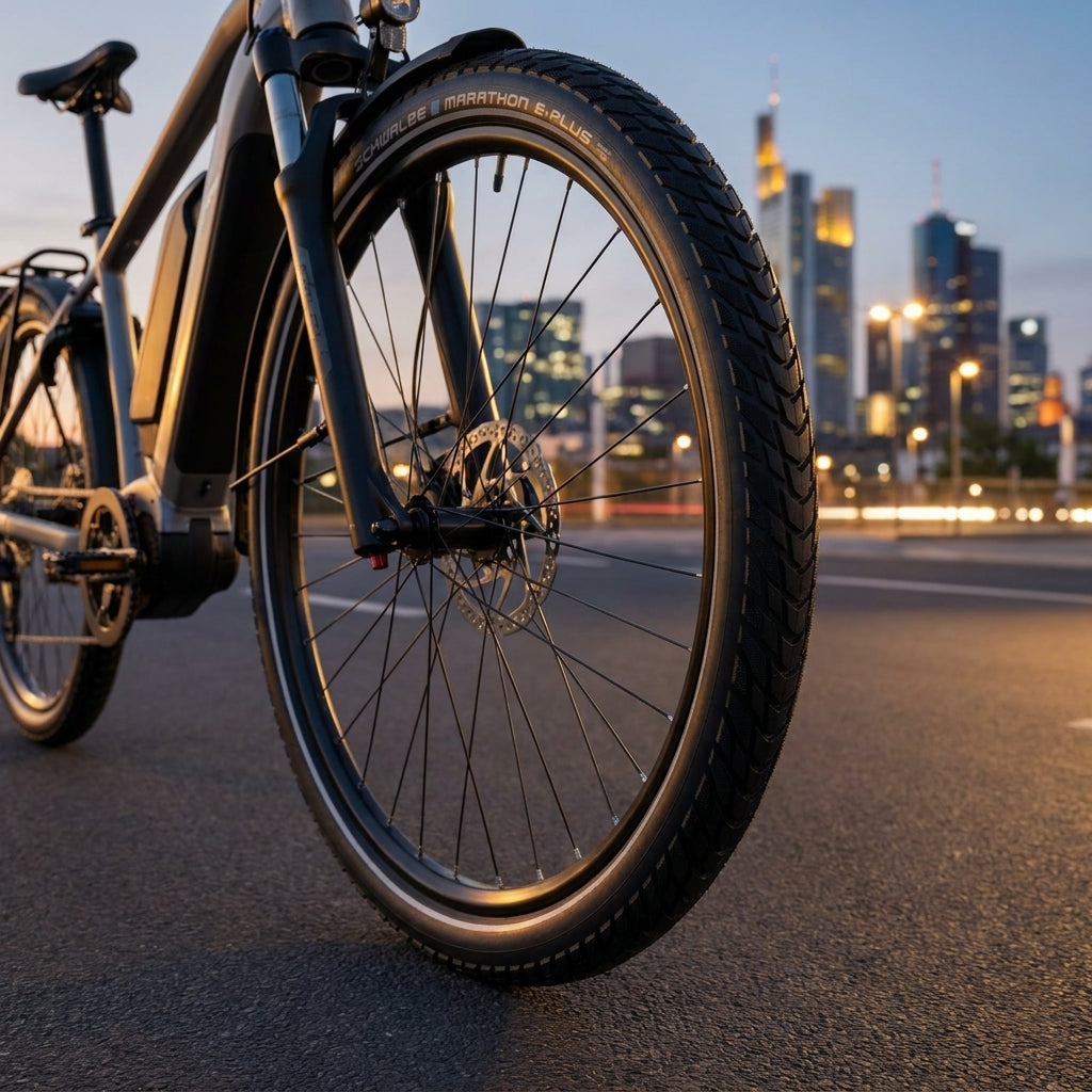 Schwalbe Marathon E-Plus Reifen, schwarz Reflex, am E-Bike in abendlicher Stadt.