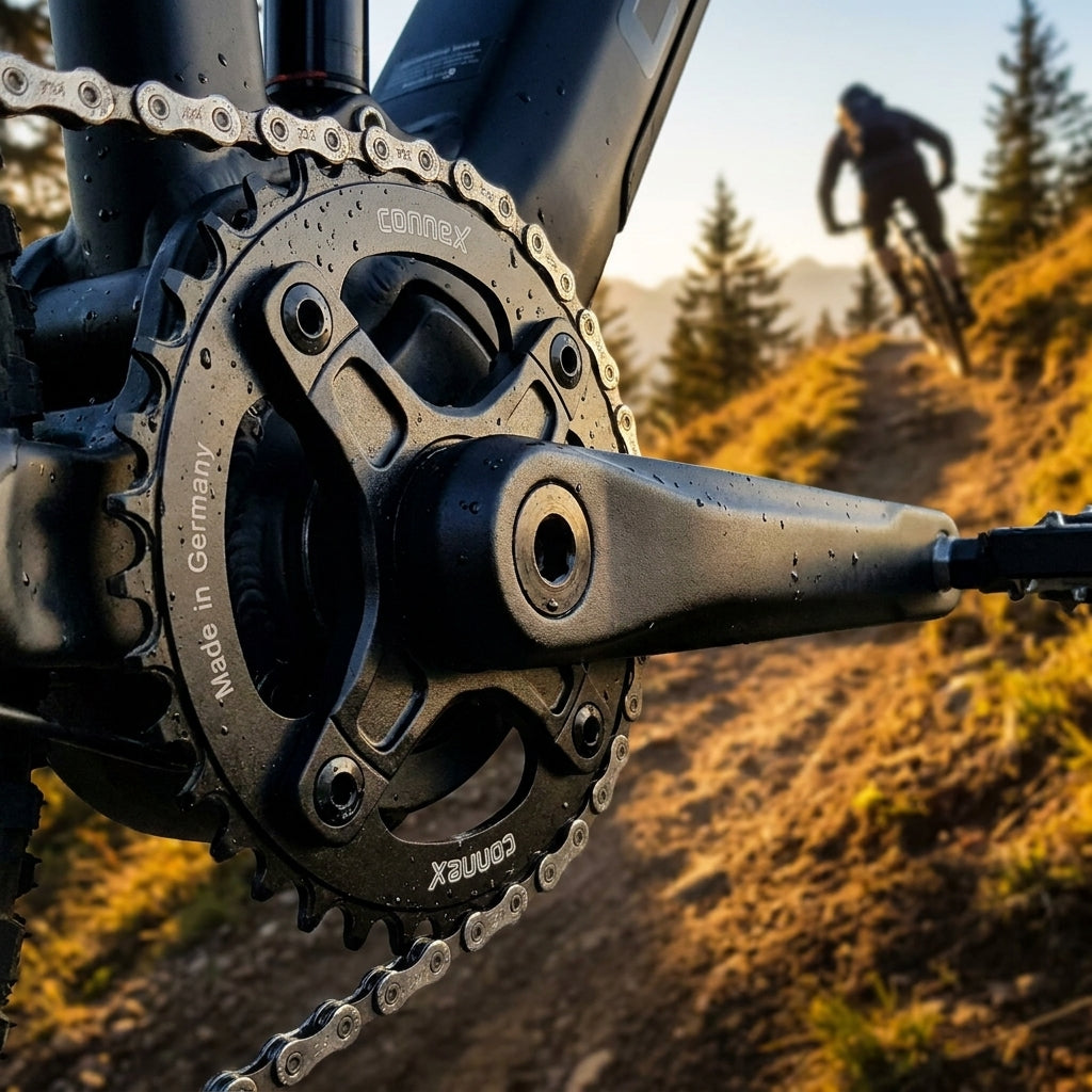 ConneX E-Bike Kettenblatt 32 Zähne schwarz, Made in Germany, mit Kette und Kurbel. Mountainbike-Fahrer im Hintergrund.