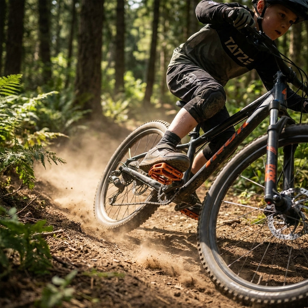 Tatze Pedal CONTACT CNC KIDS orange Plattform. CNC Alu-Kinderfahrradpedale mit 10 Pins für sicheren Grip beim Mountainbiken.
