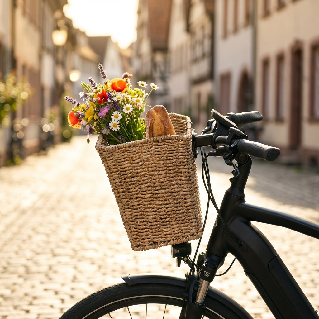 Basil Bremen FM Vorderradkorb Seegras am schwarzen E-Bike mit Blumen & Baguette in Altstadt.