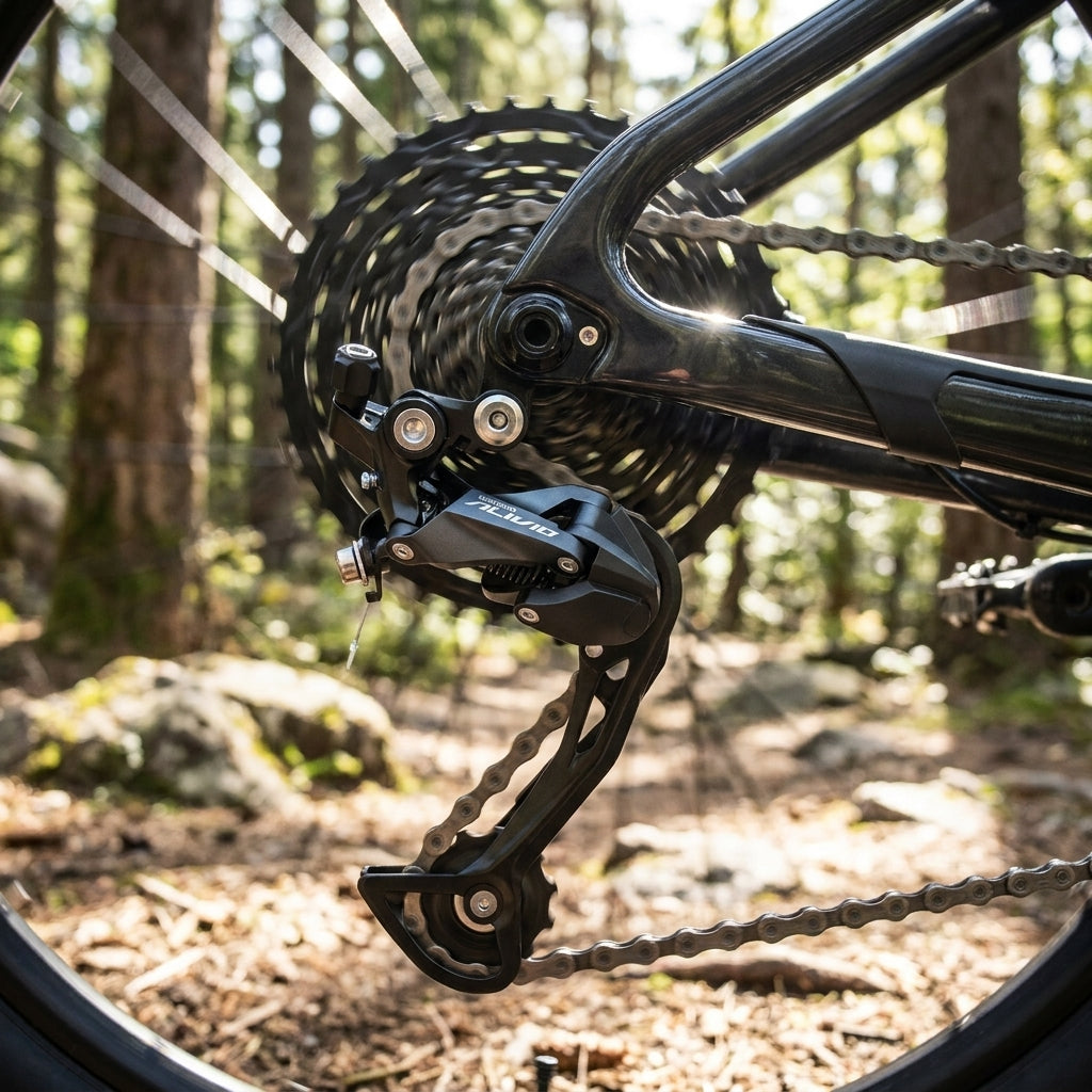 Shimano Alivio 9-fach Schaltwerk Lang Direktmontage am Mountainbike im Wald mit Kassette und Kette.