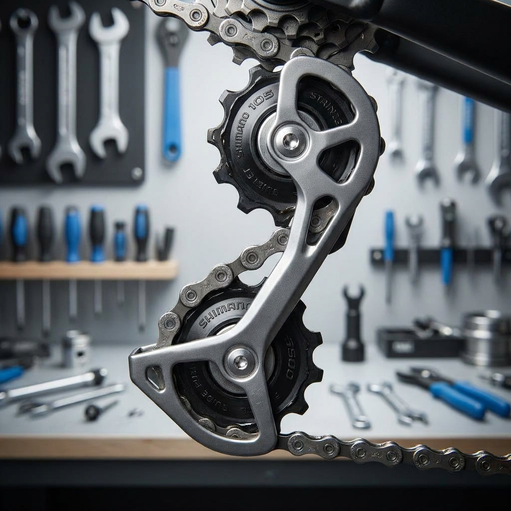 SHIMANO 105 5800 Schaltrollensatz am Schaltwerk. Ersatz-Schaltrollen für SHIMANO 105 Fahrrad-Schaltwerke.