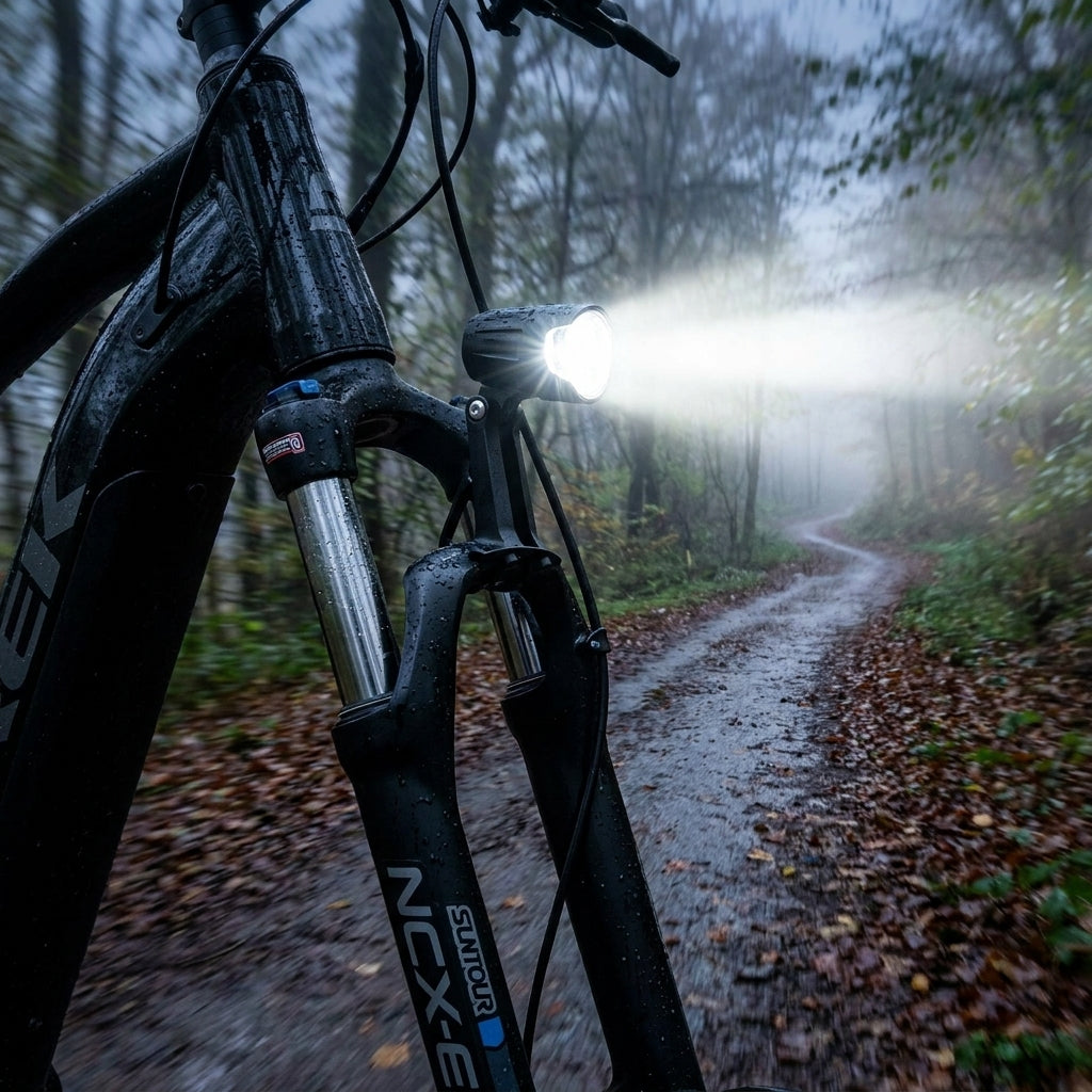 LITEMOVE Frontlicht stabil an Suntour NCX-E Gabel montiert, beleuchtet nebligen Waldweg für sichere Fahrt.