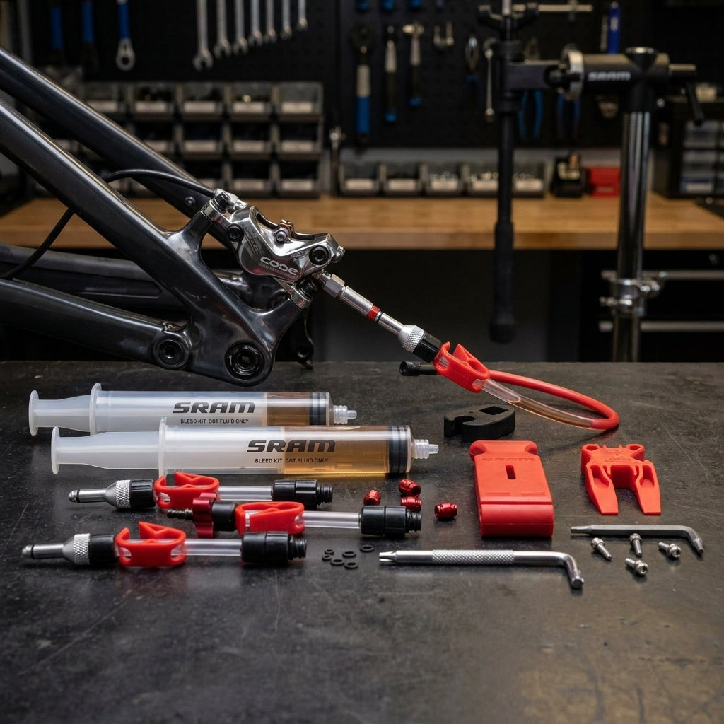 SRAM Scheibenbremsen Entlüftungs-Kit Standard V2 mit Bremszange, gefüllten Spritzen und Montagewerkzeug auf Werkbank.