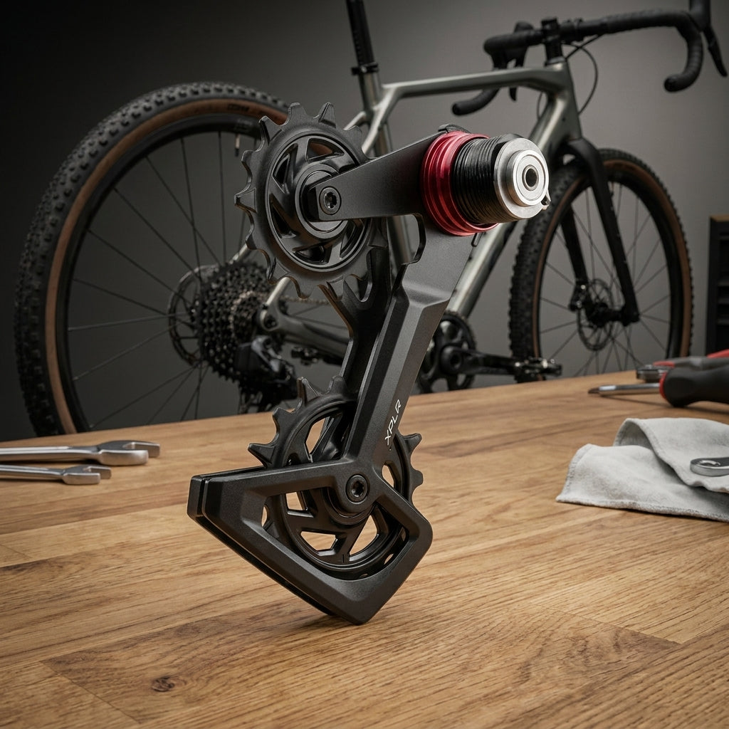 SRAM Käfig-Kit Rival XPLR E1 Ersatzteil auf Werkbank für zuverlässige Schaltperformance am Fahrrad.