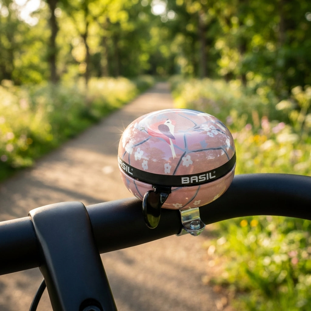 Pinke Basil Ding-Dong Fahrradklingel Wanderlust mit Vogel- & Kirschblüten-Design am Lenker auf Waldweg.