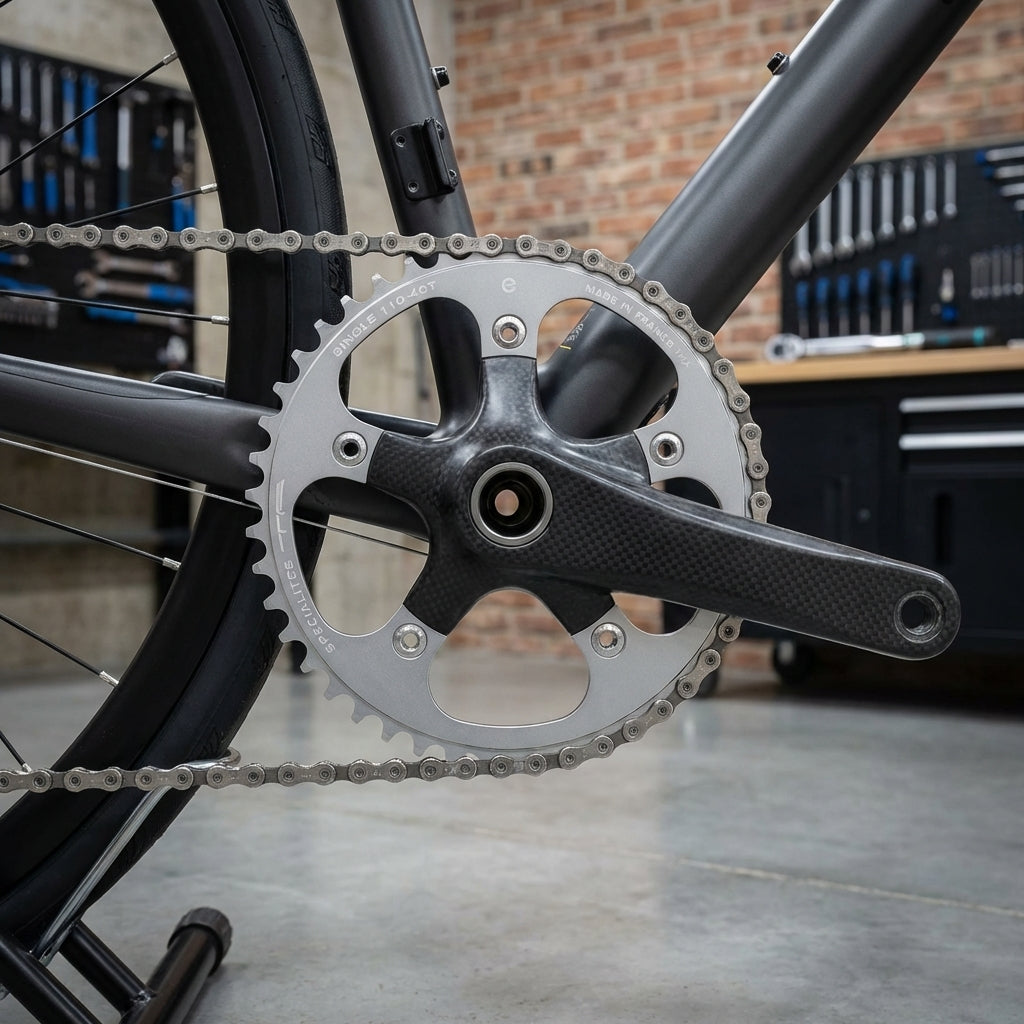 Silbernes TA Single Kettenblatt 40Z am Fahrrad mit Carbon Kurbelgarnitur und Kette.