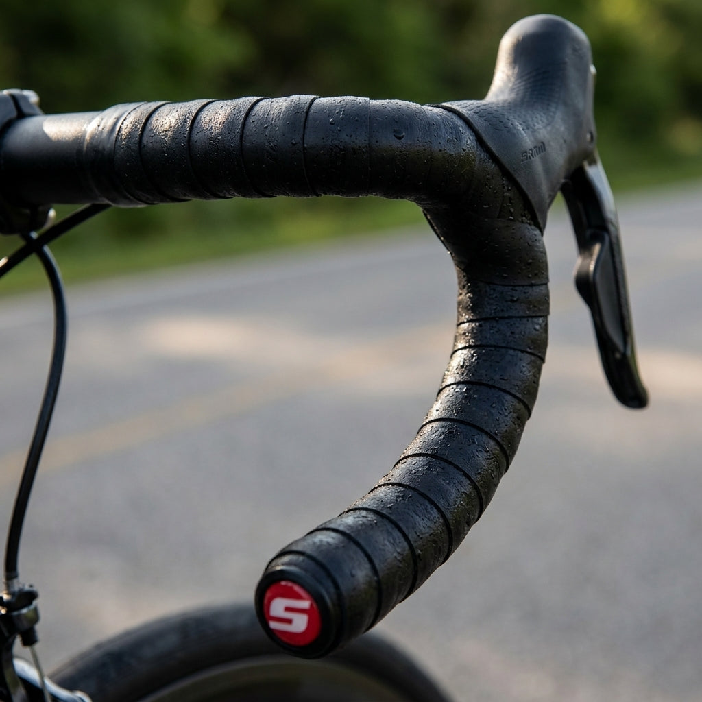 Schwarzes SRAM SuperCork Lenkerband mit Wassertropfen, komfortables Vinyl-Lenkerband am Rennrad.
