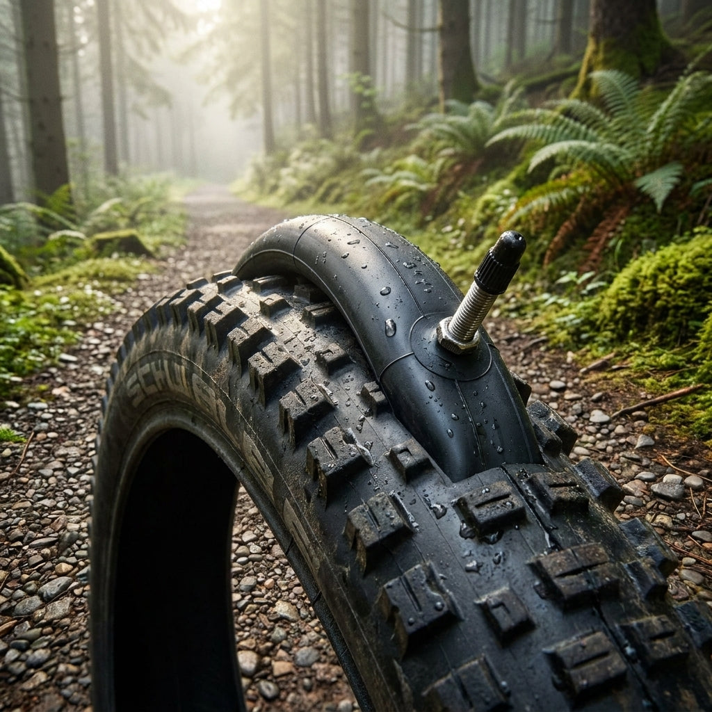 Schwalbe SCHLAUCH SCV10 und Mountainbike-Reifen auf feuchtem Waldweg. Zuverlässiger Fahrradschlauch für jedes Abenteuer.