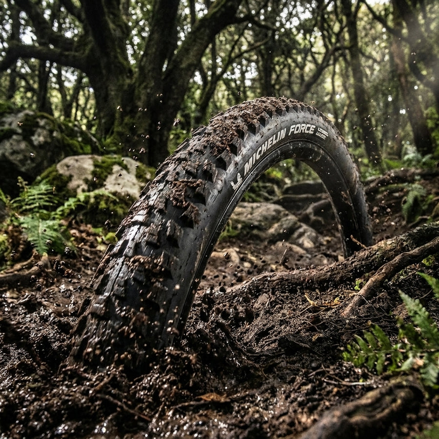 Mountainbike-Reifen Michelin Force Access Line 29x2.60" in einem schlammigen Waldweg, spritzender Dreck.