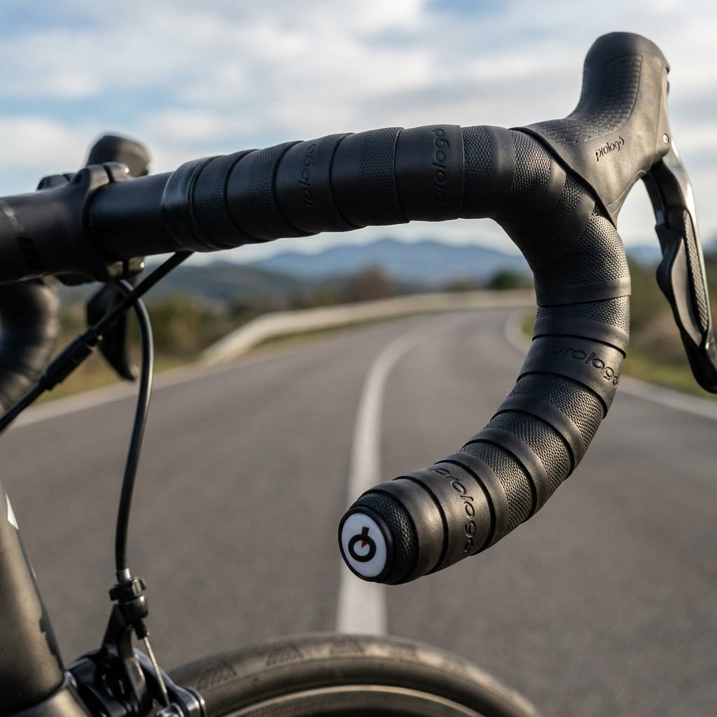 Prologo Lenkerband DOUBLETOUCH schwarz auf Rennrad-Lenker mit Stopfen auf einer Straße.