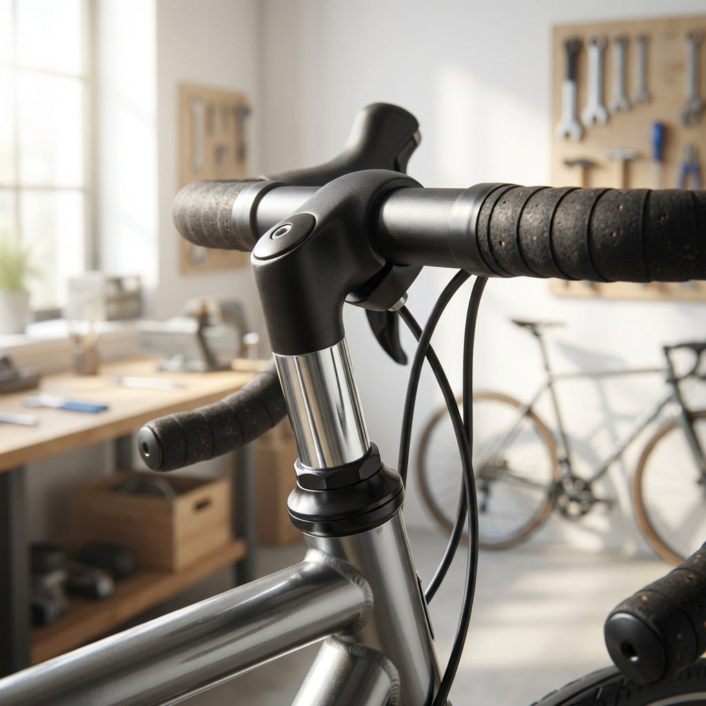 Ergotec Vorbau Cat 25,4 mm 40 mm 30° silber/schwarz Level 2 am Fahrradlenker in Werkstatt.