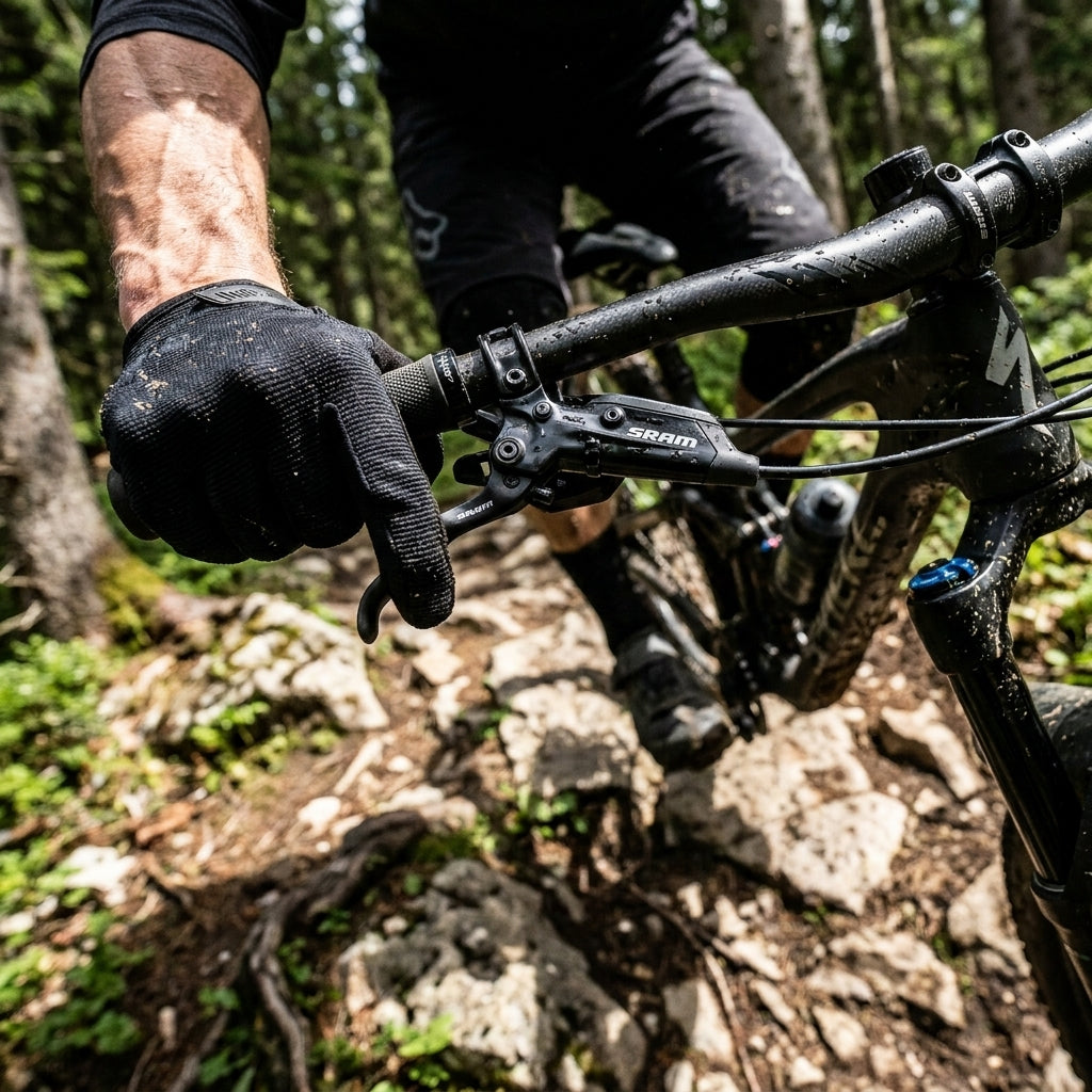 SRAM Code R Aluminium Bremshebel schwarz am MTB für präzise Kontrolle kraftvoller Scheibenbremsen auf dem Trail.